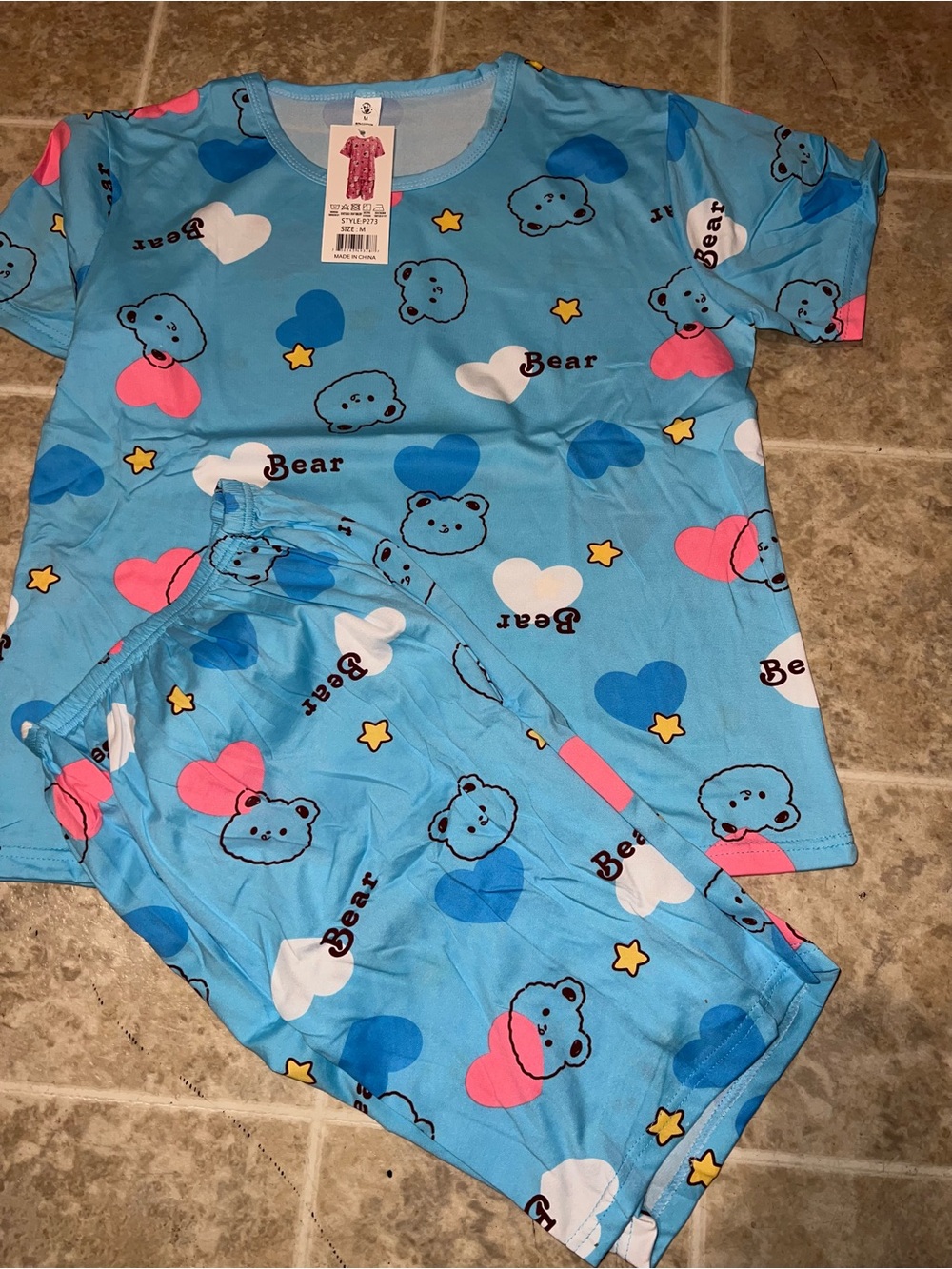 Woman Blue Bear Print Short-Sleeve Pajama Set
